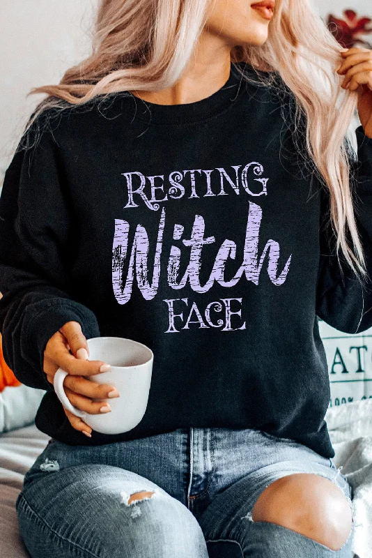 Black RESTING Witch FACE Graphic Pullover Sweatshirt Ruffle Neck Pullover