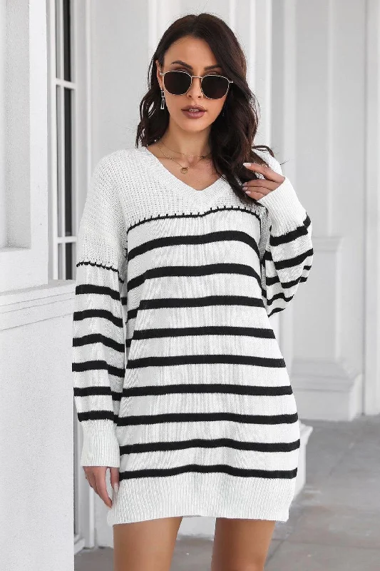 Striped V-Neck Drop Shulder Sweater Dress Chenille Brocade Lace