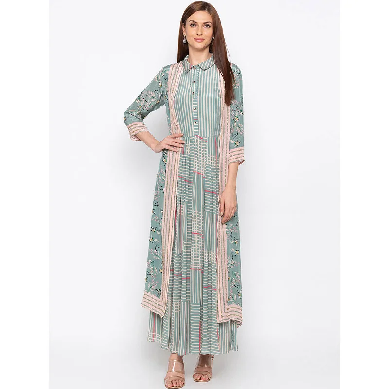 Soup by Sougat Paul Green Pleated Dress With Jacket (Set of 2) Welt Pockets Slit Pockets Flap Pockets