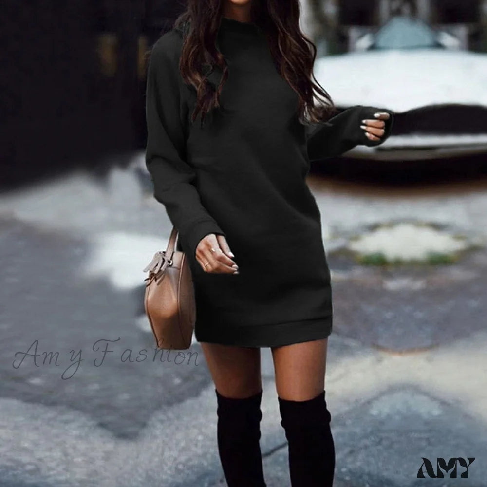 Amy Fashion - Casual Long Sleeve O Neck Pullover Dress Faux Fur Trim