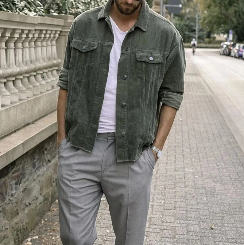 Men's Long Sleeves Casual Punk Style Corduroy Loose Jacket with Pockets Nylon Jacket Polyester Jacket Spandex Jacket