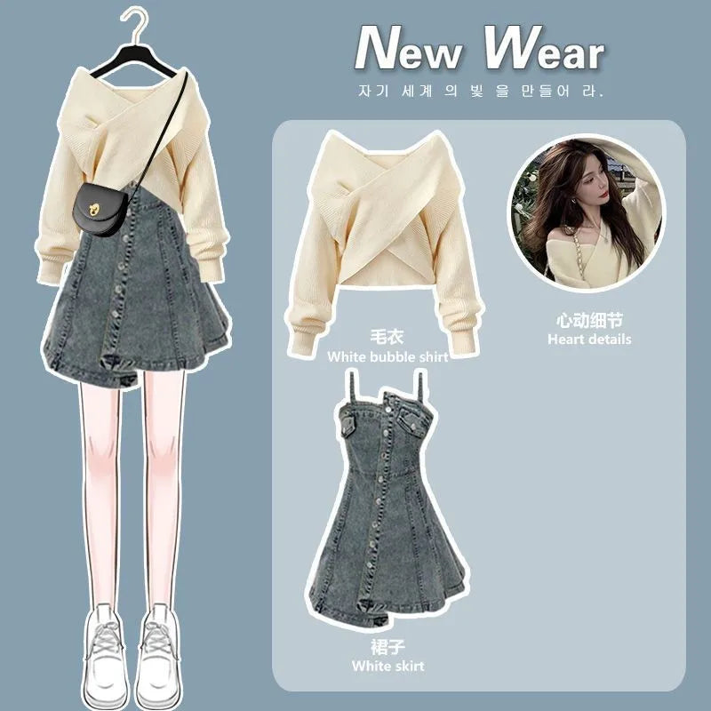 Yipinpay Women's Autumn Winter Loose V-Neck Sweater Denim Dress 2 Piece Korean Elegant Knit Top Sling Skirt Suit 2024 New In Matching Set Print Jacquard Patchwork Yipinpay Women's Autumn Winter Loose V-Neck Sweater Denim Dress 2 Piece Korean Elegant Knit Top Sling Skirt Suit 2024 New In Matching Set Print Jacquard Patchwork