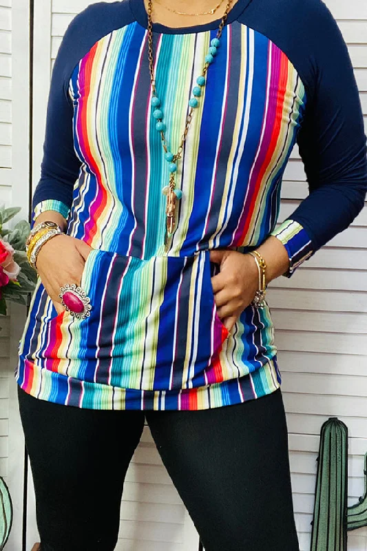 YMY8733 Navy blue /serape printed pullover w front pocket Sheath Sleeve Elegant