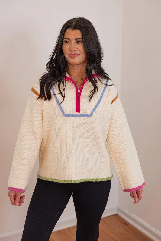Color Trimmed Delight Ecru Sweater Chenille Blend Fleece Blend Nylon Blend