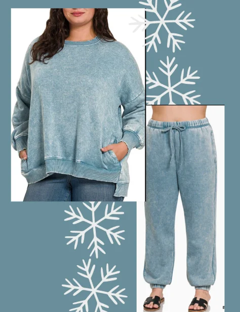 Acid Wash Fleece Hi-low Hem Pullover with Drawstring Pants Set, Plus One Shoulder Top