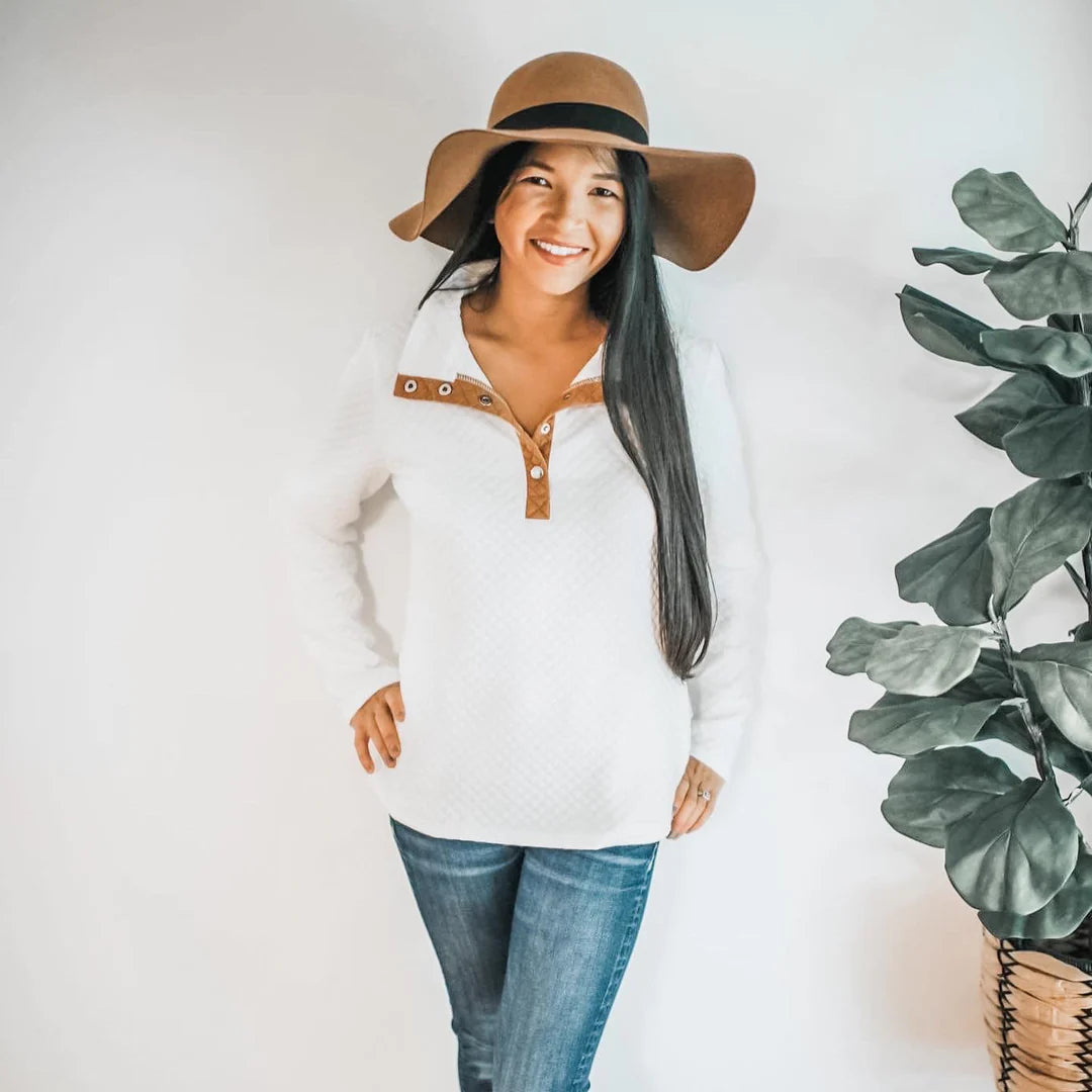 White Quilted Pullover Jacket Ribbed Crew Neck