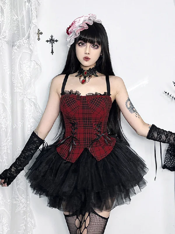 Red Plaid Patchwork Aesthetic Mall Goth Bandage Sleeveless Cropped Crop Top Layered Multi-layer Single Layer Red Plaid Patchwork Aesthetic Mall Goth Bandage Sleeveless Cropped Crop Top Layered Multi-layer Single Layer