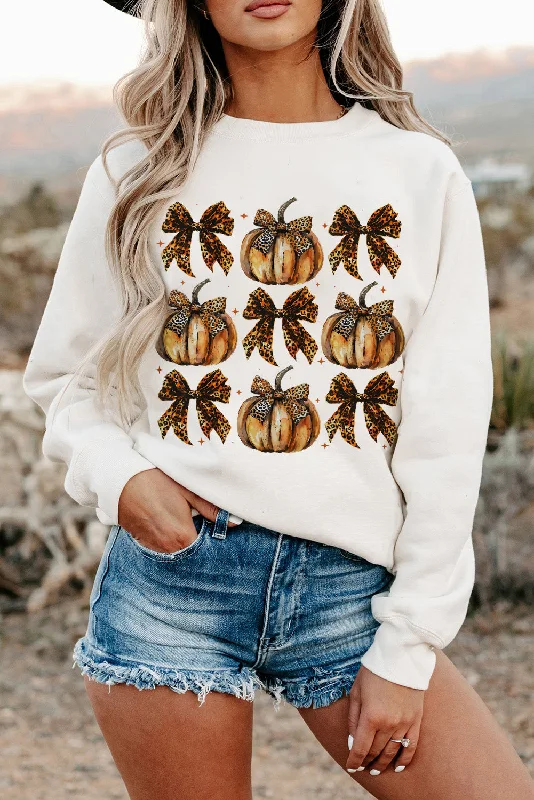 Beige Pumpkin Leopard Bow Knot Print Pullover Sweatshirt High Neck Pullover