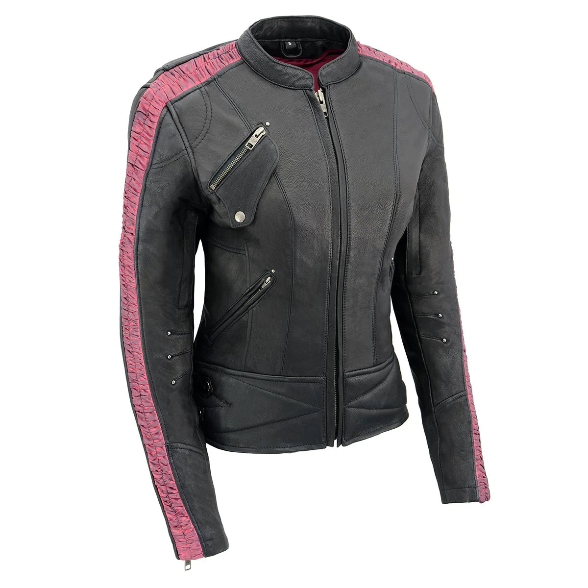 Womens Black and Pink 'Crinkled Arm' Lightweight Racer Jacket A-Line Jacket Boat Neck Shawl Collar Womens Black and Pink 'Crinkled Arm' Lightweight Racer Jacket A-Line Jacket Boat Neck Shawl Collar