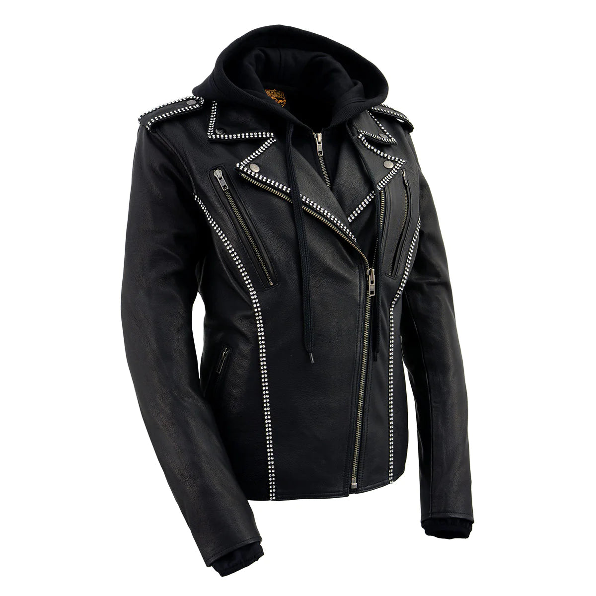Women's Black 'Bedazzled' Leather Moto Jacket with Hoodie Welt Pockets Slit Pockets Flap Pockets Women's Black 'Bedazzled' Leather Moto Jacket with Hoodie Welt Pockets Slit Pockets Flap Pockets