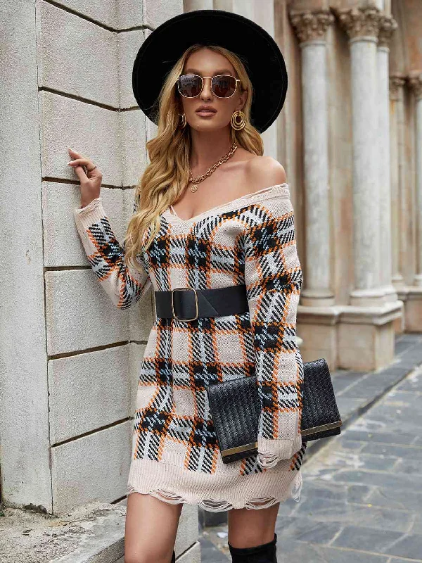 Plaid Distressed V-Neck Sweater Dress Embroidered Appliqued Beaded