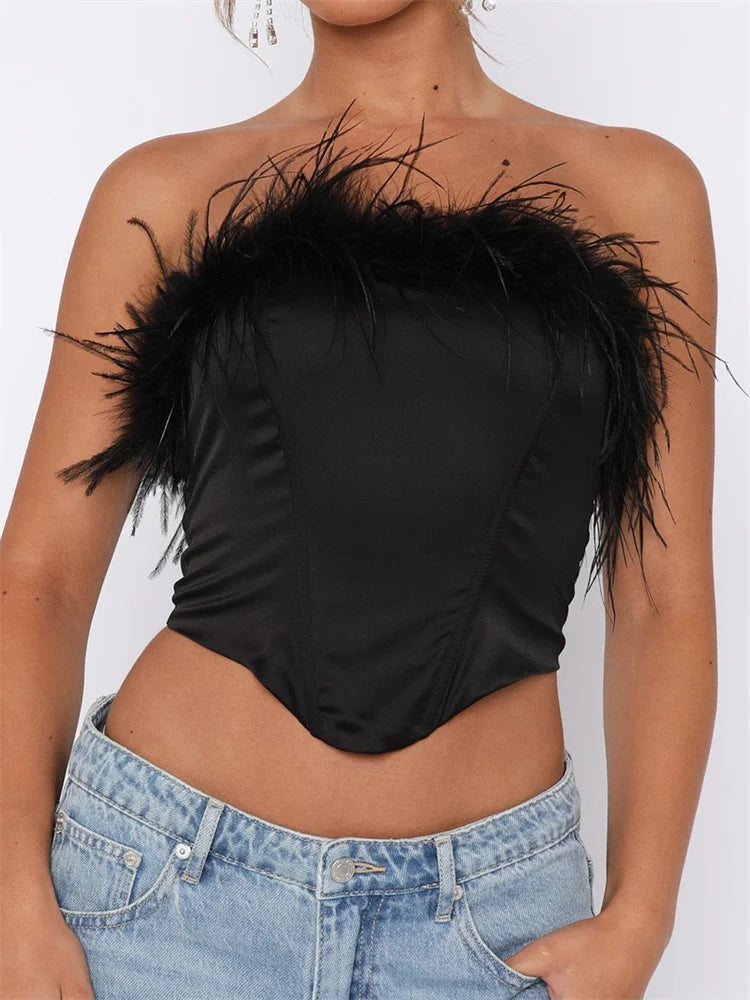 Sexy Women Solid Tube Feather Patchwork Strapless Summer Irregular Hem Exposed Navel Mini Vest Streetwear Crop Top Spandex Blend Rayon Blend Denim Blend Sexy Women Solid Tube Feather Patchwork Strapless Summer Irregular Hem Exposed Navel Mini Vest Streetwear Crop Top Spandex Blend Rayon Blend Denim Blend