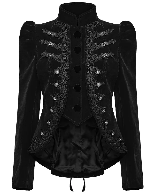 Punk Rave Womens Gothic Velvet Cutaway Military Riding Jacket - Black Cotton Fabric Linen Fabric Terry Fabric Punk Rave Womens Gothic Velvet Cutaway Military Riding Jacket - Black Cotton Fabric Linen Fabric Terry Fabric