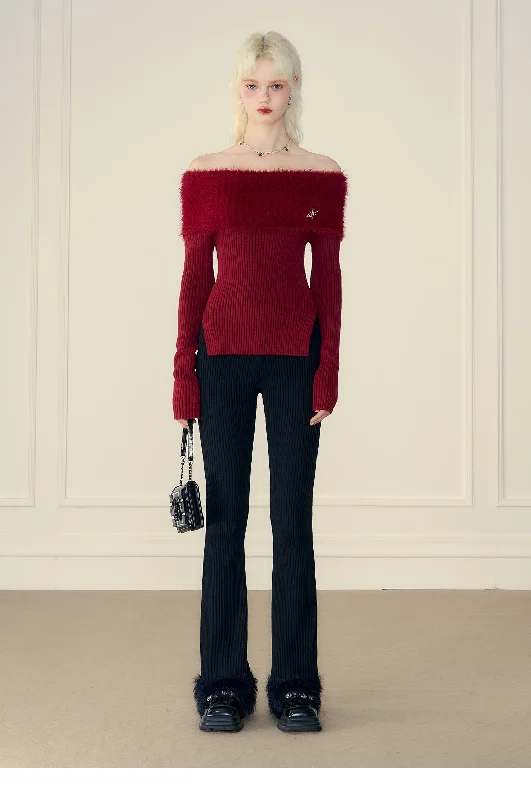 Thick Off-Shoulder Mink Cashmere Knit Sweater Sequined Glittery Shiny