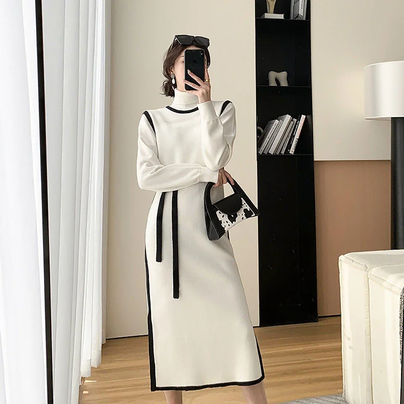 White Elastic Knit Mock Neck Midi Sweater Dress Fitted Loose Oversized
