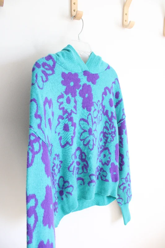 NEW Free People Turquoise & Purple Floral Cashmere Hoodie Sweater | M Satin Fabric Silk Fabric Chiffon Fabric NEW Free People Turquoise & Purple Floral Cashmere Hoodie Sweater | M Satin Fabric Silk Fabric Chiffon Fabric