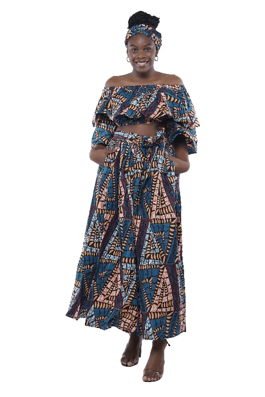 African Crop Top and Slit Skirt Set Terry Blend Velvet Blend Canvas Blend