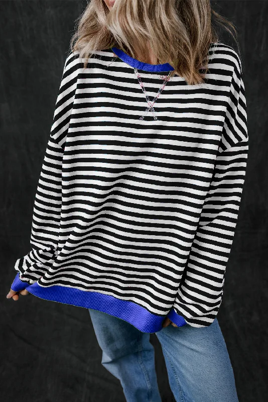 Black Stripe Oversized Contrast Trim Pullover Sweatshirt Surplice Neck Pullover