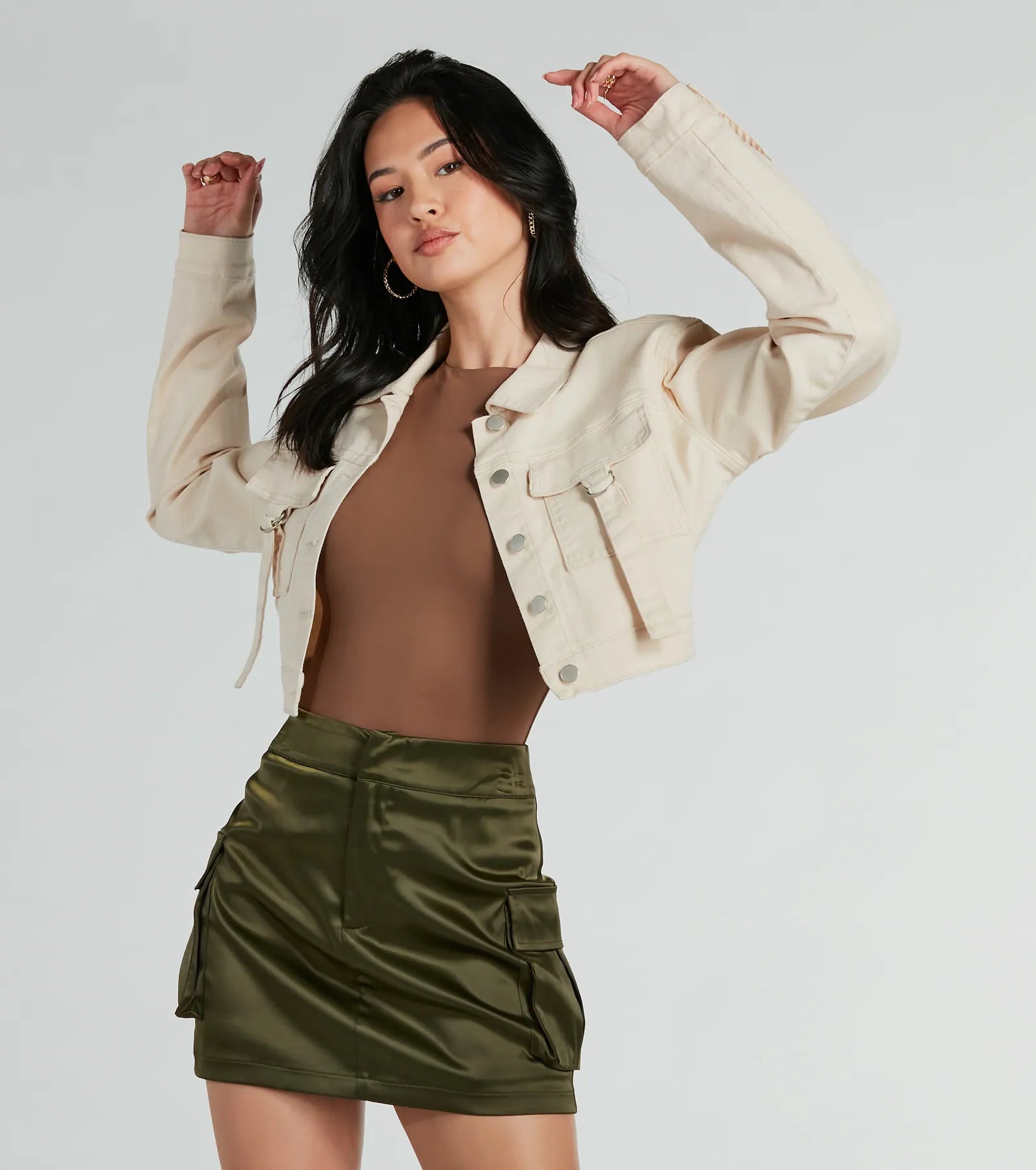 Trendy Nature Cargo Woven Crop Jacket Notch Collar Peter Pan Collar Cowl Neck