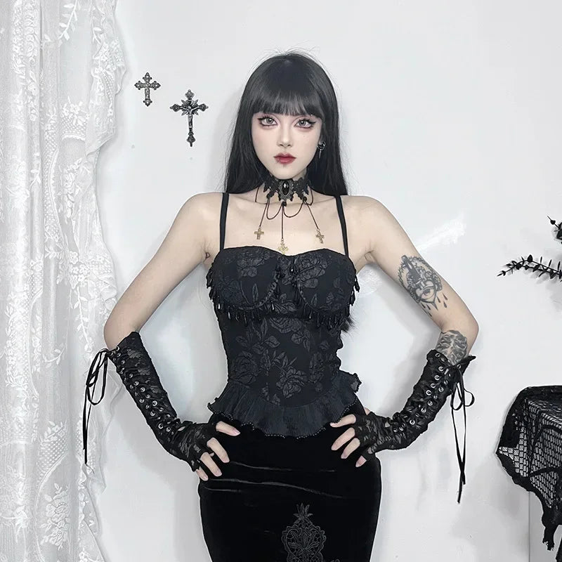 Gothic Retro Sexy Grunge Jacquard Bead Pendant Backless Crop Top Real Fur Shearling Chenille Gothic Retro Sexy Grunge Jacquard Bead Pendant Backless Crop Top Real Fur Shearling Chenille