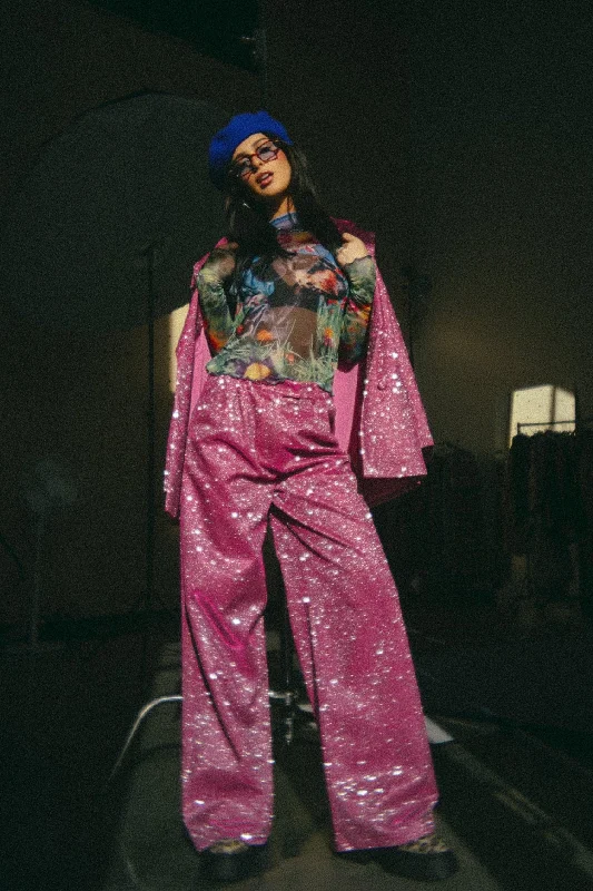 To The Disco Sparkle Wide Leg Trouser in Pink Trousers Pleated Formal
