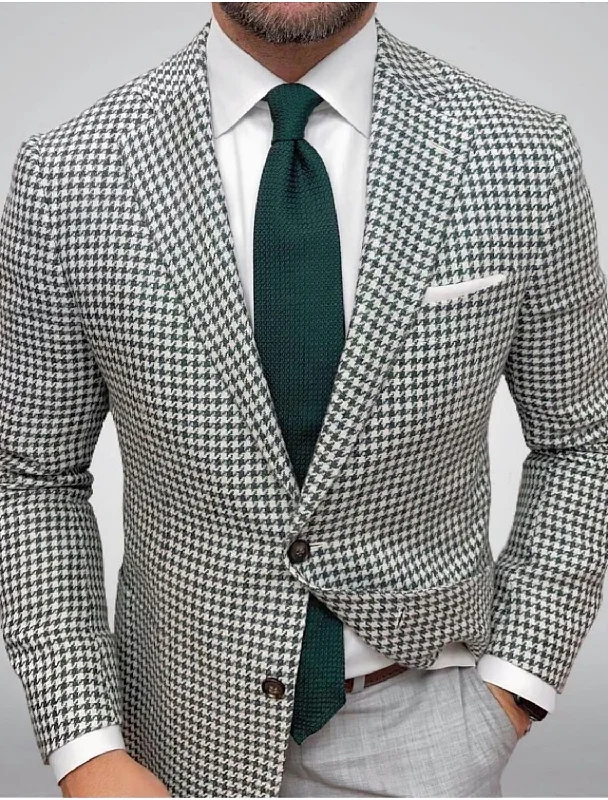 Green Red Brown Men's Tailored Fit Single Breasted Two-buttons Houndstooth Casual Jacket Wool Jacket Cashmere Jacket Tweed Jacket