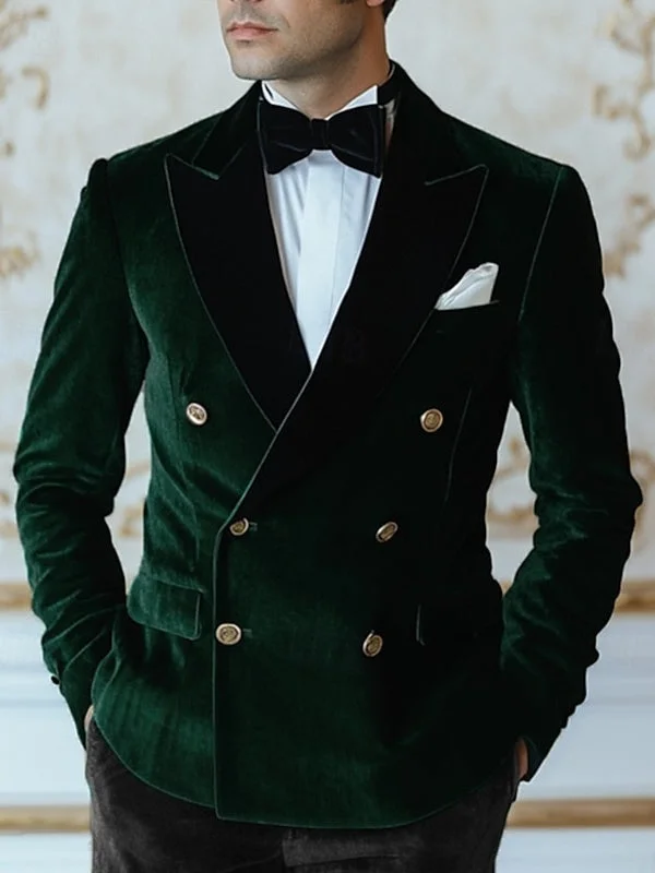 Men's Velvet Patchwork Solid Colored Double Breasted Regular Standard Fit Vintage Party Jacket Blazer Zippered Front Buttoned Front Snap Front
