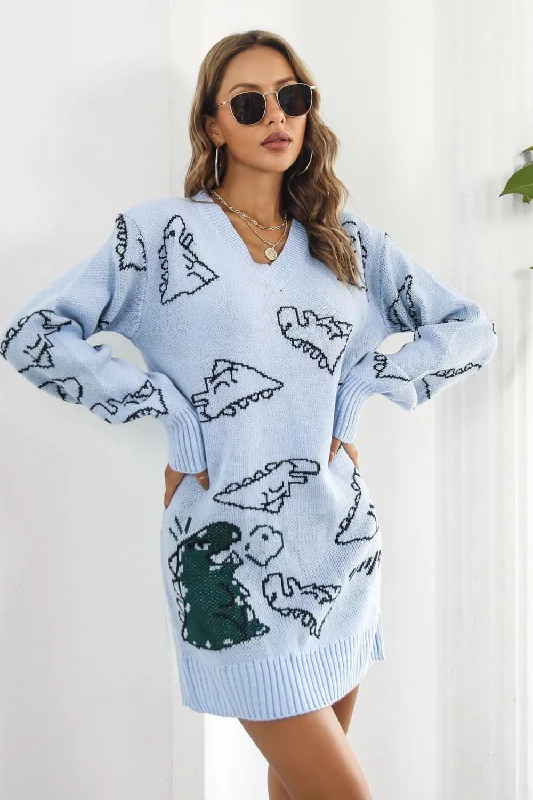 Dinosaur Pattern V-Neck Sweater Dress Fleece Sweater Nylon Polyester