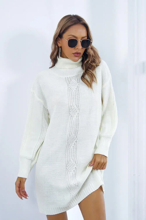 Openwork Turtleneck Long Sleeve Sweater Dress Oversized Loose Flowy