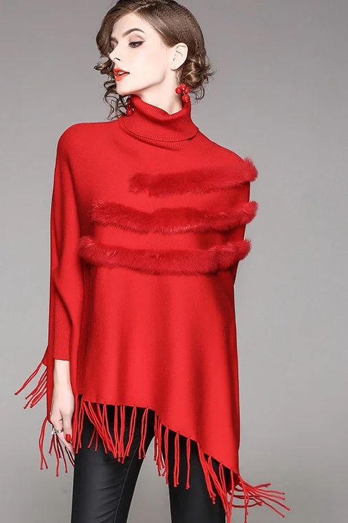 Dolman Sleeve Sweater W/ Fringe Spandex Rayon Corduroy