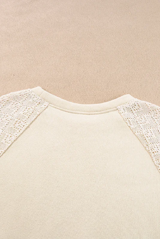 Cream Knitted Pullover with Lace Detail Tapered Sleeve Pullover