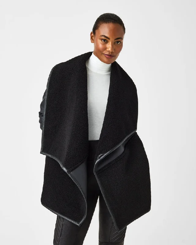 Fleece & Faux Leather Long Wrap Jacket Very Black/Very Black - SPANX Bomber Jacket Anorak Windbreaker Fleece & Faux Leather Long Wrap Jacket Very Black/Very Black - SPANX Bomber Jacket Anorak Windbreaker