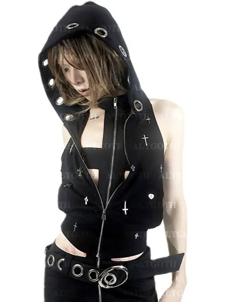 Streetwear Gothic Dark Vest Cyberpunk Cross Hooded Alt Grunge Crop Top Front Pockets Side Pockets Patch Pockets Streetwear Gothic Dark Vest Cyberpunk Cross Hooded Alt Grunge Crop Top Front Pockets Side Pockets Patch Pockets