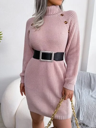 Blue Zone Planet | Decorative Button Turtleneck Sweater Dress Plaid Sweater Polka Dot Checkered Blue Zone Planet | Decorative Button Turtleneck Sweater Dress Plaid Sweater Polka Dot Checkered