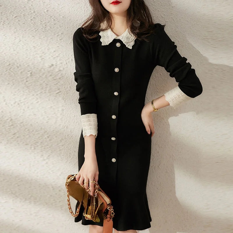 Yipinpay Stitching Knitted Black Mermaid Dress Women Hit Autumn Elegant Retro Slim Vestidos De Mujer Trumpet Long Sleeve Sweater Sweater Knitwear Pullover Yipinpay Stitching Knitted Black Mermaid Dress Women Hit Autumn Elegant Retro Slim Vestidos De Mujer Trumpet Long Sleeve Sweater Sweater Knitwear Pullover