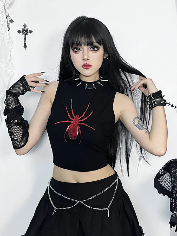 Gothic Spider Graphic Print Sleeveless Punk Alt Crop Top Houndstooth Herringbone Solid Gothic Spider Graphic Print Sleeveless Punk Alt Crop Top Houndstooth Herringbone Solid
