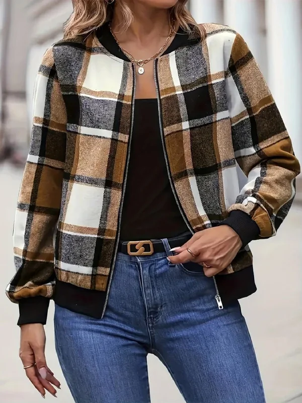Plus Size Plaid Baseball Collar Zip Up Jacket Knit Fabric Woven Fabric Fleece Fabric