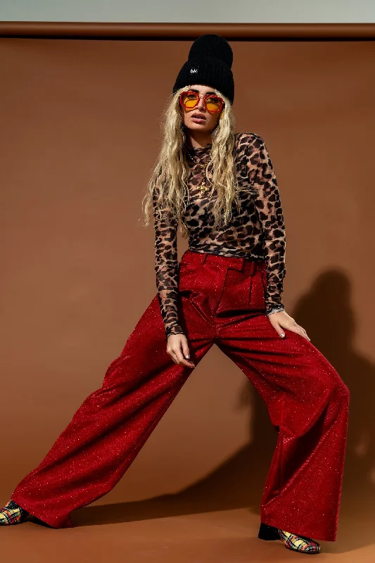To The Disco Sparkle Wide Leg Trousers in Ruby Red Trousers Culottes Wide Leg