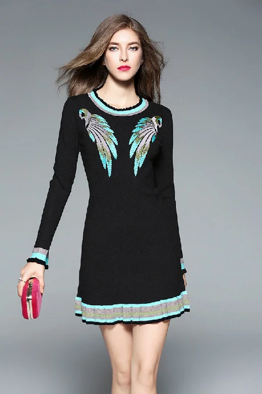 Parrot Embroidered Mini Sweater Dress Ribbed Striped Patterned
