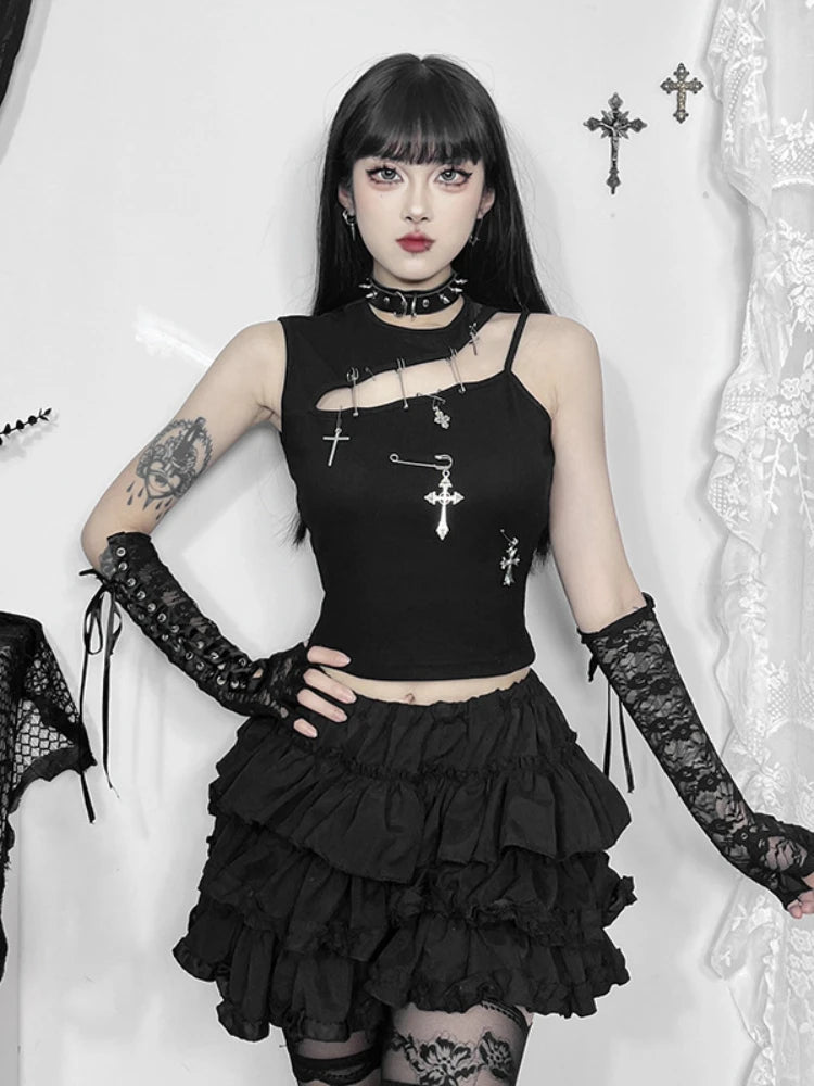Gothic Punk Fashion Cross Bustier Crop Top Handmade Hand-knitted Hand-woven