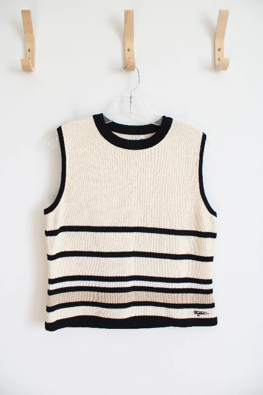St. John Sport Essentials Vintage Beige & Tan Striped Sweater Vest | M Front Pockets Side Pockets Patch Pockets St. John Sport Essentials Vintage Beige & Tan Striped Sweater Vest | M Front Pockets Side Pockets Patch Pockets