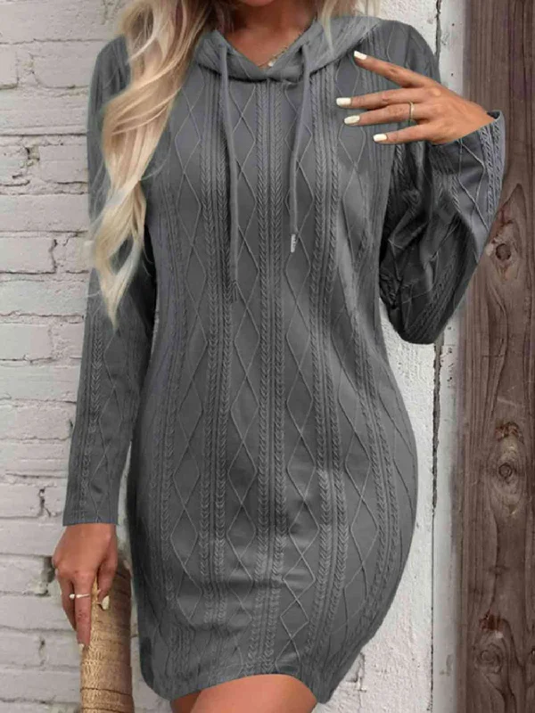 Drawstring Hooded Sweater Dress Ribbed Striped Patterned
