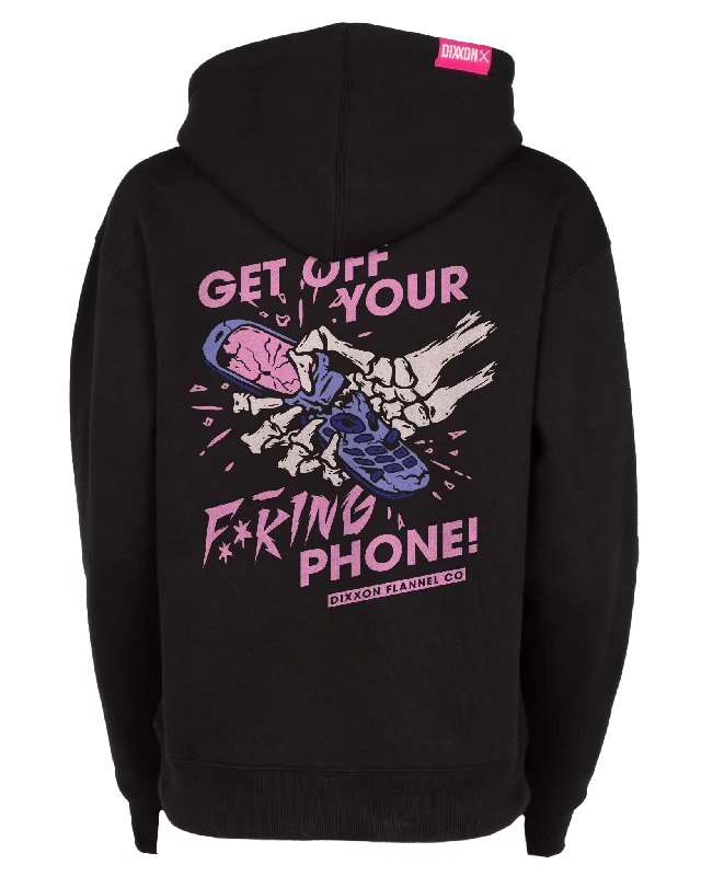 Women's Get Off Your Phone Pullover Hoodie - Black Sabrina Neck Pullover