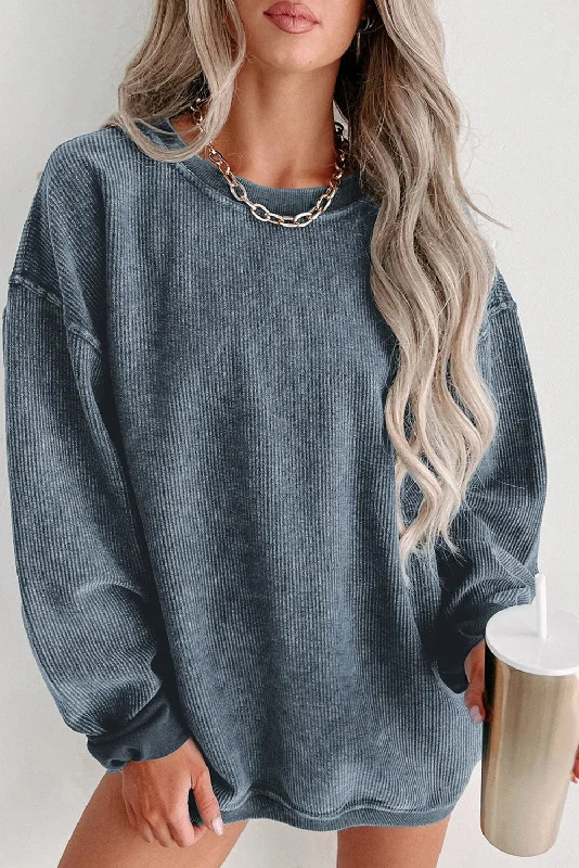 Blue Ribbed Knit Round Neck Pullover Sweatshirt with Solid Color Crew Neck Wool