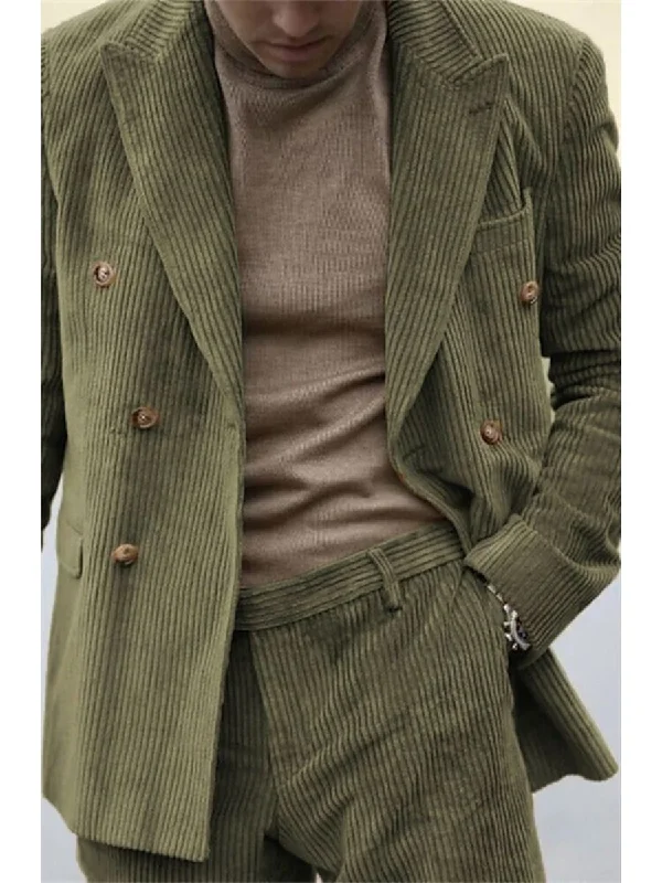 Sage Men's Corduroy Peak Neck Regular Single Double Breasted Six-Buttons Party Suits Jacket Faux Fur Jacket Real Fur Jacket Shearling Jacket