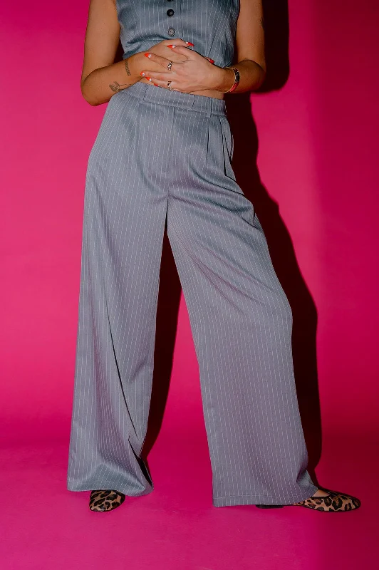 Wide Leg Trousers in Boss B*tch Pinstripe (Grey) Trousers Floral Bohemian