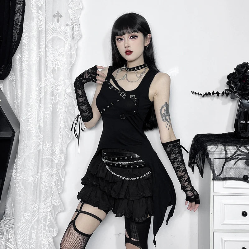 Y2K Goth Black Eyelet Irregular Sleeveless Slim Vintage Summer Crop Top Plaid Crop Top Polka Dot Checkered Y2K Goth Black Eyelet Irregular Sleeveless Slim Vintage Summer Crop Top Plaid Crop Top Polka Dot Checkered