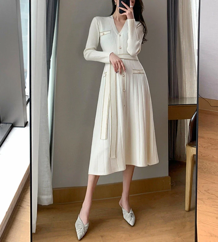 Long Sleeve Button Belted Midi Knit Sweater Dress Elasticated Padded Insulated