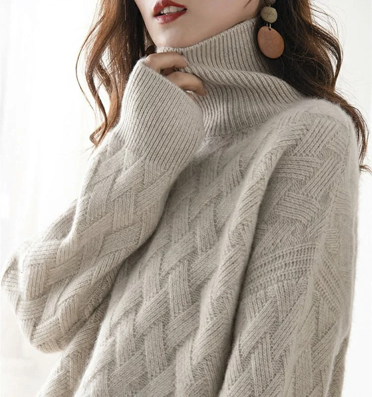 Autumn and winter turtleneck cashmere sweater woman 2021 new style languid breeze loose thick pullover underlay wool sweater Faux Fur Trim