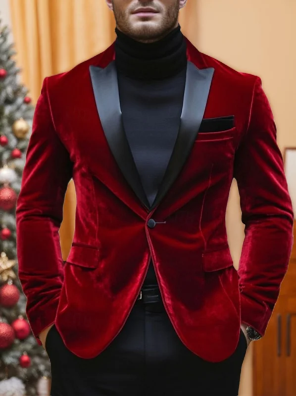 Red Men's Velvet Party Peak Neck Regular Single Breasted One-Button Blazer Jacket Quilted Jacket Puffer Jacket Insulated Jacket
